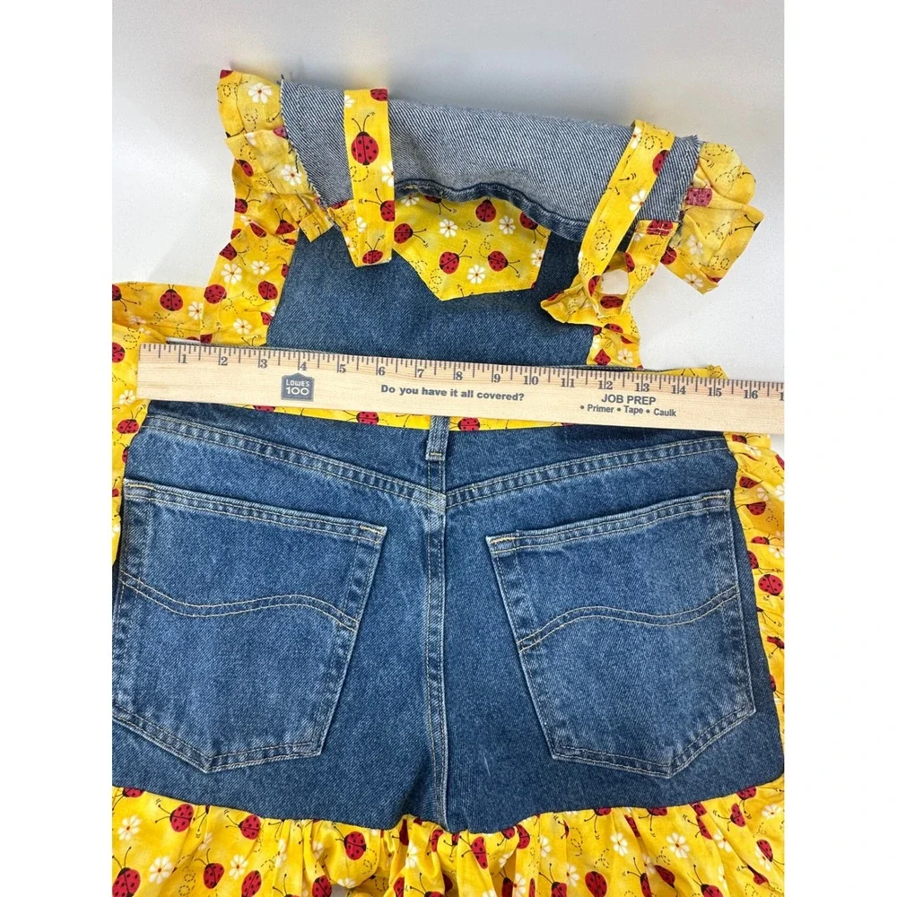 Handmade Denim Kitchen Apron Ladybug Ruffle Lee Jeans Repurposed Cottagecore